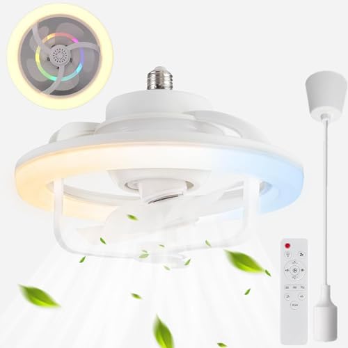 Leise Deckenventilator mit Beleuchtung und Fernbedienung E27 Sockelventilator Moderner LED Deckenleuchte 180° Rotation mit RGB-Modus Licht 3 Geschwindigkeiten Ventilator für Wohnzimmer Schlafzimmer von KZT