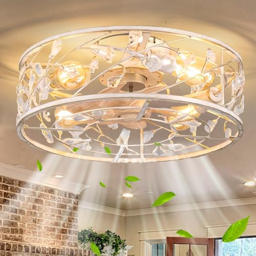 Leise Vintage Deckenlampe mit Ventilator 50CM Rustikal Deckenventilator mit Beleuchtung und Fernbedienung E27 Kristall Eisenkäfig Fan Deckenleuchte für Schlafzimmer Wohnzimmer Küche Lüfterlicht von KZT