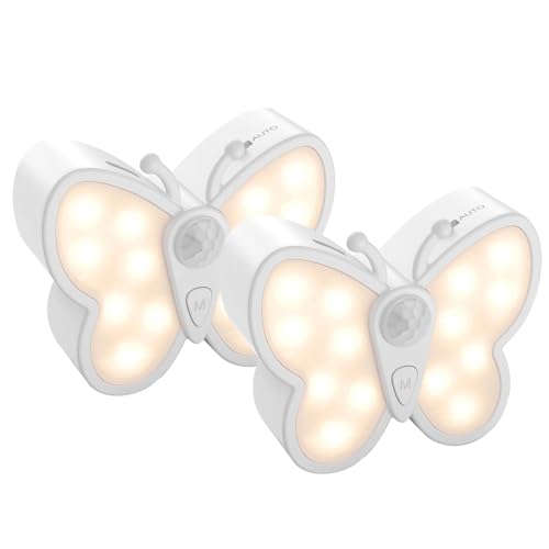 Nachtlicht mit Bewegungsmelder LED Akku Wandleuchte Innen Aufladbar USB Wandlampe Dimmbar Flurlampe Schmetterling Nachtlampe mit 3 Modi für Treppe Toilette Kinderzimmer Schrankbeleuchtung (2 Stück) von KZT