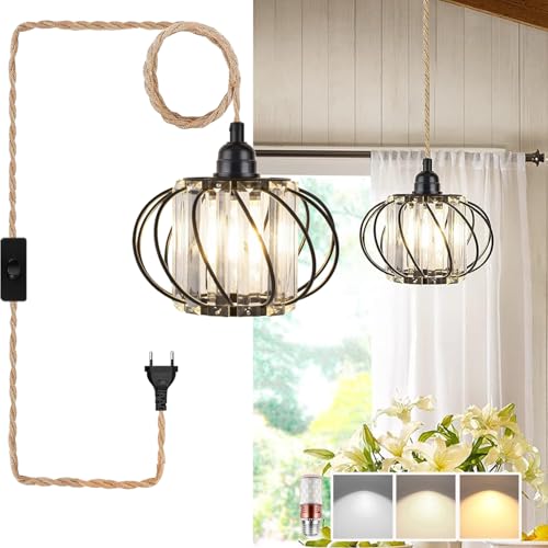 Pendelleuchte Kit mit Stecker E27 Retro Küche Hängelampe Lampenkabel mit 5 Meter Seil Kabel Dimmbar Plug in Hängeleuchte Schwarz Metall Kristall Lampenschirm Kronleuchter für Schlafzimmer Esszimmer von KZT