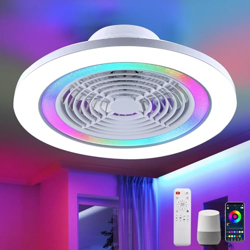 RGB Deckenventilator mit Beleuchtung und APP LED Dimmbar Deckenlampe mit Ventilator Modern Schlafzimmer Leise Ventilator Deckenleuchte für Wohnzimmer Kinderzimmer Kompatibel Alexa und Google Assistant von KZT