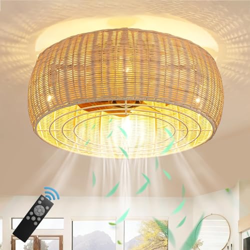 Retro Deckenlampe mit Ventilator E27 Industrielle Fan Kronleuchter mit Fernbedienung Vintage Boho Rattan Schlafzimmer Lampe Leise Deckenventilator mit Light für Wohnzimmer Esszimmer Lüfter Licht von KZT
