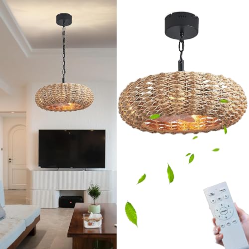 KZT Retro Deckenventilator mit Beleuchtung E27 Lampe mit Ventilator Deckenleuchte Natürlichen Rattan Gewebt Pendellampe mit Fernbedienung Vintage Deckenlampe für Wohnzimmer Schlafzimmer Esszimmer von KZT