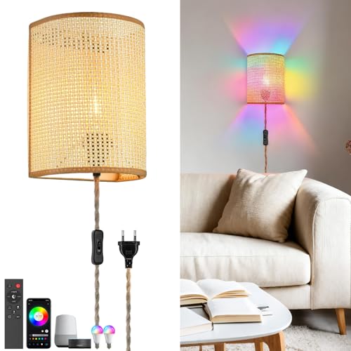 Smart RGB LED Wandleuchte Innen Dimmbar Wandlampe mit App/Sprachsteuerung 16 Millionen Farben Wandbeleuchtung, Natürlichen Rattan Lampenschirm, Wandlicht für Schlafzimmer Wohnzimmer Flur Treppenhaus von KZT