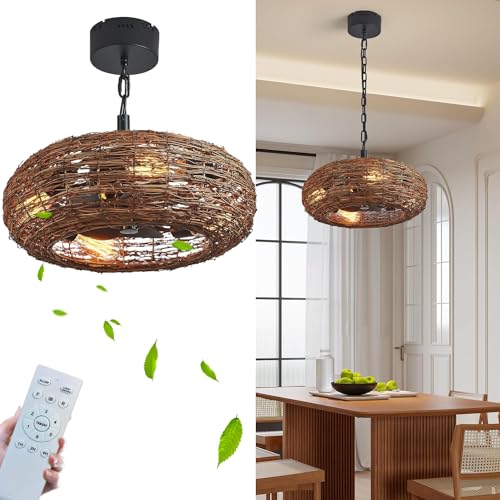 KZT Ventilator Deckenleuchte E27 Deckenventilator mit Beleuchtung und Fernbedienung Vintage Fan Deckenlampe Handgemachte Gewebt Rattan Hängeleuchten für Wohnzimmer Esszimmer Cafe Kronleuchter von KZT