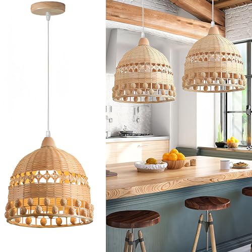 Vintage Bambus Pendelleuchte Boho Rattan Lampe Hängelampe Retro Bambus Holz Lampenschirm Hängelampe E27 Industrielle Kronleuchter Deckenlampe für Schlafzimmer Wohnzimmer Esszimmer Küche Flur von KZT