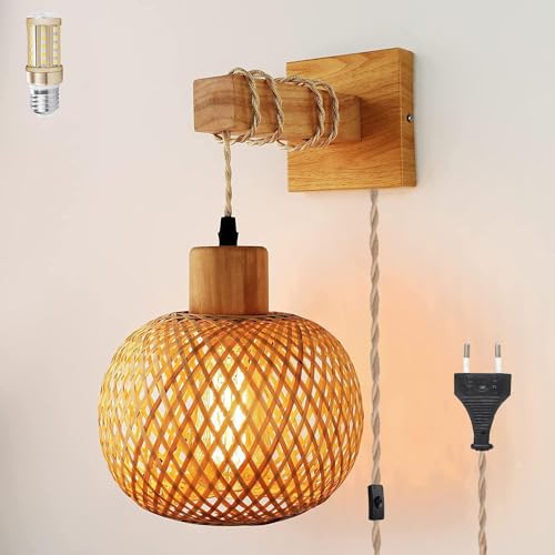 KZT Wandlampe mit Stecker Rattan Dimmbar Hängelampe Nachttischlampe mit E27 Glühbirne,450cm Kabel hängelampe mit stecker Rattan Bambus Lampenschirm für Schlafzimmer Wohnzimmer Flur. von KZT