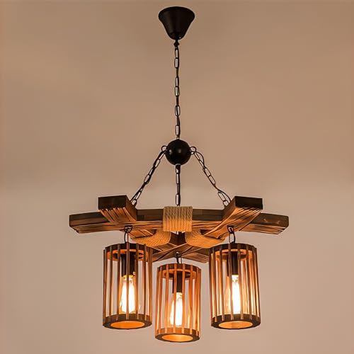 Vintage Hängeleuchte E27 Pendelleuchte Holz 3 Lichter Esszimmerlampe Industrial Metal Hängelampe Höhenverstellbar Pendellampe für Loft Bar Wohnzimmer Küche Café Deko Hanfseil Kronleuchter von KZT