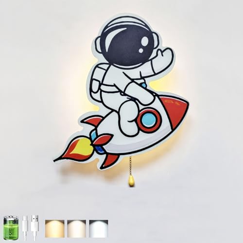 Wandleuchte mit Zugschalter 3 Farben Einstellbar Kinderzimmer Nachttischlampe USB Aufladbare Batteriebetriebene Wandlampe Astronaut Kinder Lampe für Babyzimmer Junge Mädchen Schlafzimmer Nachtlicht von KZT