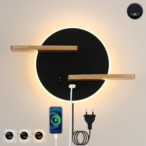 Wandleuchten Dimmbare LED Wandlampe mit schalter und USB Ladeanschluss Nachttischlampe Kinder Leselampe mit Holzen Regal Wandbeleuchtung für Wohnzimmer Schlafzimmer 3000K/4500K/6000K Schwarz von KZT