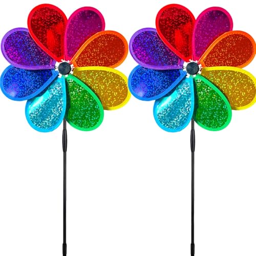 2er Set Windspiel Windrad Garten - 30cm Regenbogen Glitzer Windmühlen Wetterfeste Gartenstecker für Rasen/Balkon/Terrasse, Rostfreie Windräder für Kinder & Erwachsene 4 Farben von KZXCVS