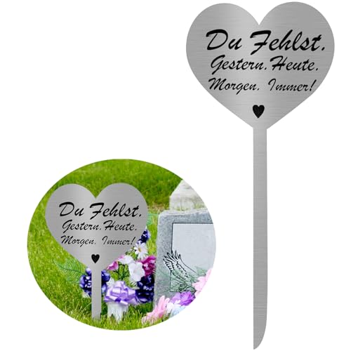 KZXCVS Herz Grabstecker Edelstahl Grabschmuck mit Spruch Du Fehlst. Gestern. Heute. Morgen. Immer! Grabdekoration Wetterfest Grabgestecke Erinnerung Gedenkstätte Grabschmuck Wetterfest Urnengrab 28cm von KZXCVS