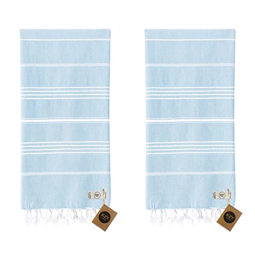KZY LONDON 2er Set Großes Türkisches Pestemal Strandtuch Das Traditionéll Hamamtuch Badetuch Saunatuch Duschtuch Spa Sport Yoga Reisen 100% Baumwolle XXL Vorgewaschen 100 x 180 cm (Hellblau) von KZY LONDON