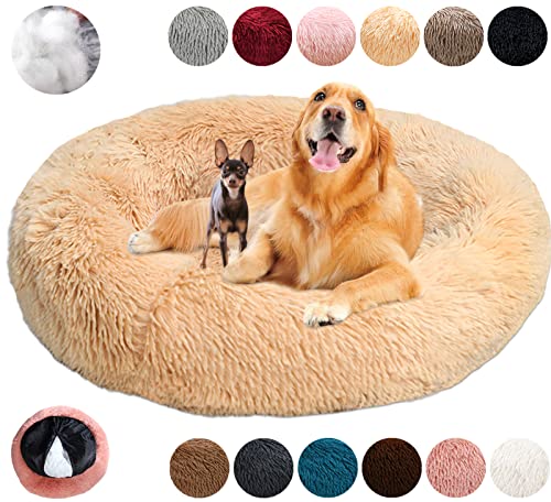 Hundebett Rund Hundesofa Beruhigende Flauschig Donut,Bequemes Wärme Hundekissen Katzenbett Waschbar,12 Farben Verfügbar mit Reißverschluss,Leicht zu Zerlegen-Beige||M-60cm/23.6in von KZhanmy