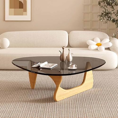 KaBuea Couchtisch Wohnzimmer Mid Century Dreieckige Form Akzent Platte aus gehärtetem Glas Freizeit Tee Cocktailtische Holzbeine von KaBuea