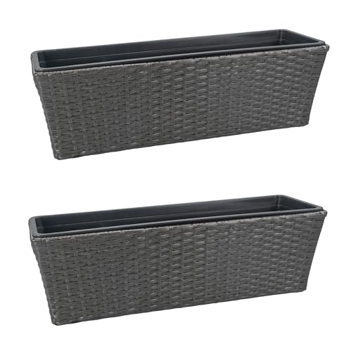 Balkonkasten mit Halterung in Rattan-Optik | ca. 60 cm | ca. 11 Liter Fassungsvolumen | ohne Wasserspeicher | inkl. Pflanzschale | hochwertiger Kunststoff | zum Hängen oder Hinstellen (2, grau) von KaMel GmbH