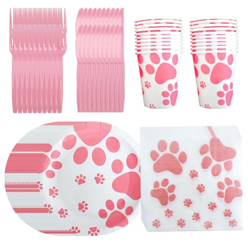 KaMnik 100pcs Hunde Party Geschirr Set,Partyteller Pfote,Hundepfote Partygeschirr,Zubehör Für Geburtstagsfeiern Pappteller Becher Servietten Kindergeburtstags-Partydekorationen(Für 20 Personen) von KaMnik