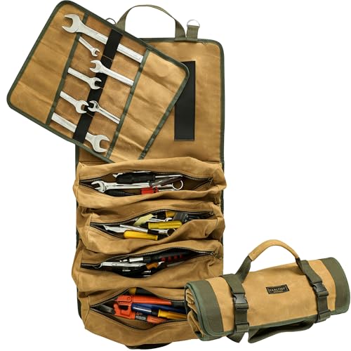 Canvas Werkzeugrolle | 16OZ gewachstes Canvas Roll mit 4 Taschen + 1 abnehmbare Rolle & verstellbare Schnallen - Vielseitige Werkzeugtasche für Tischler Mechaniker Elektriker | Khaki von Kaaltisy