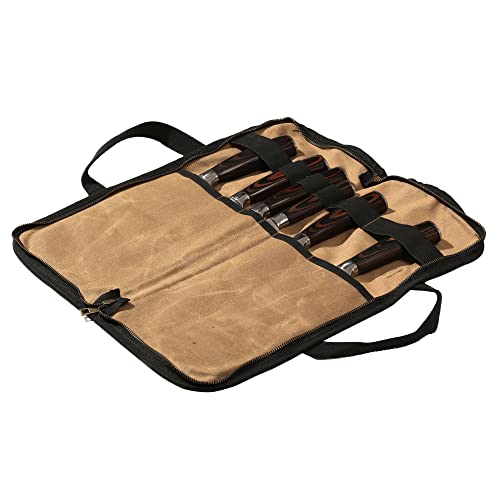 Küchenmessertasche mit 5 Taschen, Rolltasche, Messertasche Küchenmesser, Messerrolle für Profis, wasserdichte und gewachste Leinwand, khaki von Kaaltisy