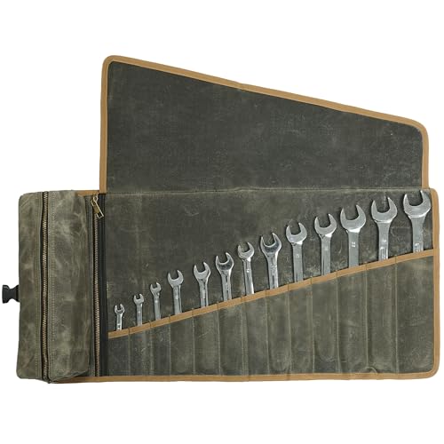Kaaltisy Leinwand Werkzeugrolle, 16OZ gewachstem Segeltuch Wrench Roll - mit Tool Slots + 2 Reißverschlusstaschen - Armee Grün, Tragbare Roll Up Werkzeugtaschen für Handwerker Repairman Gärtner Kaaltisy Leinwand Werkzeugrolle, 16OZ gewachstem Segeltuch Wrench Roll - mit Tool Slots + 2 Reißverschlusstaschen - Armee Grün, Tragbare Roll Up Werkzeugtaschen für Handwerker Repairman Gärtner von Kaaltisy