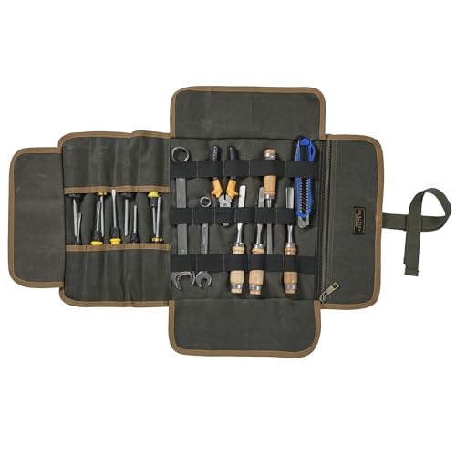 Segeltuch Werkzeugtasche, 16OZ gewachstes Segeltuch Werkzeugrolle - Robuste Tool Storage Roll mit 9 Slots & 1 Reißverschlusstasche & Gummiband, für Elektriker Bauunternehmer Handwerker - Armee Grün Segeltuch Werkzeugtasche, 16OZ gewachstes Segeltuch Werkzeugrolle - Robuste Tool Storage Roll mit 9 Slots & 1 Reißverschlusstasche & Gummiband, für Elektriker Bauunternehmer Handwerker - Armee Grün von Kaaltisy