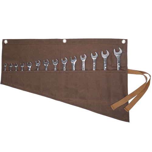 Schraubenschlüssel-Rolle, Heavy Duty 16 oz gewachstem Segeltuch Werkzeug-Rollensatz, Schraubenschlüssel Lagerung Rolle mit Ösen | Braun | 70x45cm von Kaaltisy