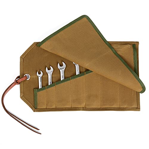 Werkzeug-Aufbewahrungstasche, tragbarer 16oz gewachstes Segeltuch Schraubenschlüssel-Organisator, 7 Taschen - Metrisch & SAE - Schraubenschlüssel-Set-Rolle mit Bindeseil, Khaki (15.5 "L x 9 "W) von Kaaltisy