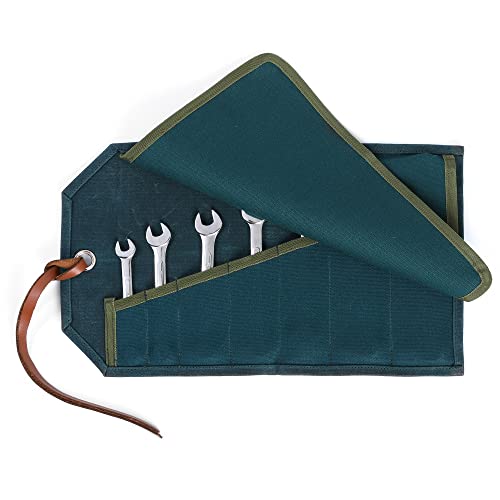 Werkzeug-Rolltasche, 16oz Waxed Canvas Wrench Set Roll - Dark Green, Schraubenschlüssel & Werkzeug Roll Up Pouch mit 7 Taschen und 1 Klappe, 39 x 23cm von Kaaltisy