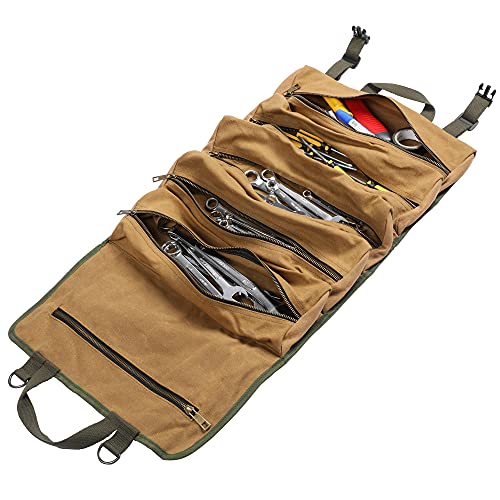 Werkzeug-Rolltasche aus Gewachstem Leinwand, Große Schraubenschlüsselrolle mit 6 Reißverschlusstaschen, Multifunktionale Rolltasche von Kaaltisy