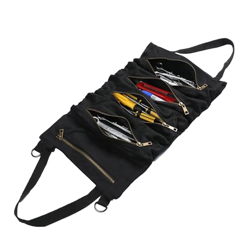Werkzeug-Rolltasche aus Gewachstem Leinwand, mit 5 Reißverschlusstaschen, Multifunktional, Schwarz von Kaaltisy