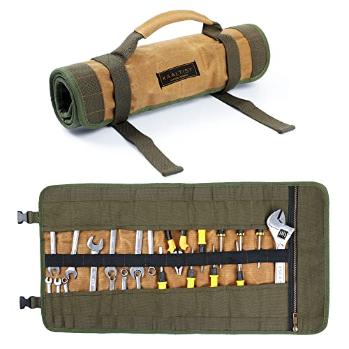 Werkzeug Rolltaschen | Tragbare Werkzeugrolle mit Schnalle & Tragegriff, Robustes 16oz gewachstes Segeltuch, Werkzeug-Organizer mit 23 Fächern (Khaki), Werkzeugtasche Rolltasche für Hämmer Meißel von Kaaltisy