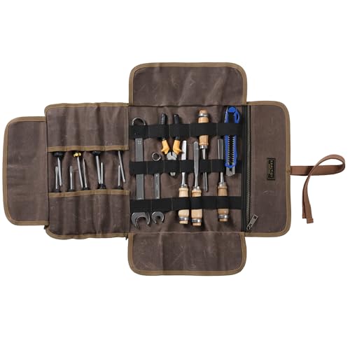 Kaaltisy Werkzeugrolle, 16OZ gewachstes Segeltuch, Werkzeugtasche mit 1 Tasche + Gummiband, Robuste Werkzeugrolltasche für Gärtner Mechaniker Handwerker - Grau - 60x30cm von Kaaltisy