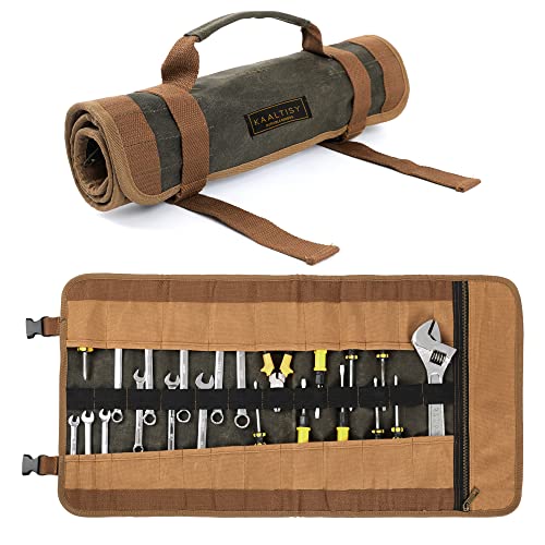 Werkzeugrolle, 23 Taschen Werkzeug Rolltasche, Heavy Duty 16OZ gewachstem Segeltuch Werkzeug Roll Up Bag (66cm x 33cm) - Portable Tool Roll Organizer mit Schnallen und Griff (Armeegrün) von Kaaltisy