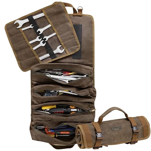 Multifunktionale Werkzeugrolle | 16oz gewachstes Canvas Roll mit 4 Taschen + 1 abnehmbare Rolle - Tragbare Werkzeugtasche für Hammer Schraubenschlüssel Meißel | 70x35cm | Grau von Kaaltisy