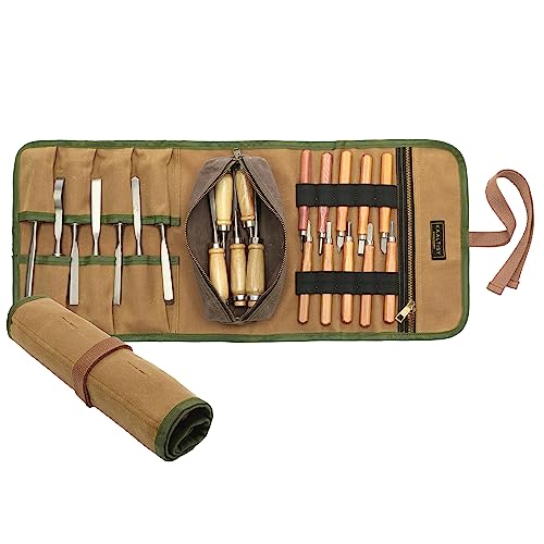 Werkzeugrolle mit abnehmbarer Werkzeugtasche, 16OZ gewachstes Segeltuch werkzeug rolltasche - Khaki - Rolltasche mit 7 Werkzeugschlitzen & Reißverschlusstaschen | 60cm x 25cm von Kaaltisy