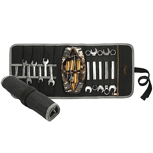 Werkzeugtasche Rolltasche, Werkzeugrolle mit Messing-Reißverschlusstaschen, Heavy Duty 16oz Waxed Canvas Wrench Roll (60cm x 25cm) - Werkzeugtasche Segeltuch für Mechaniker Trucker - schwarz von Kaaltisy