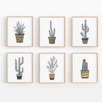 Set Von 6 Kakteen Pflanzentöpfen - Sukkulenten Wandkunst Kaktus Landschaft Illustration, Pflanzenliebhaber Kunstdruck Stift Und Tusche Zeichnung von KaariandCo
