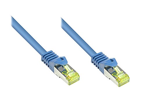 Kabelmeister® RJ45 Patchkabel mit Cat. 7 Rohkabel und Rastnasenschutz (RNS®), S/FTP, PiMF, halogenfrei, 500MHz, OFC, blau, 1m von Kabelmeister