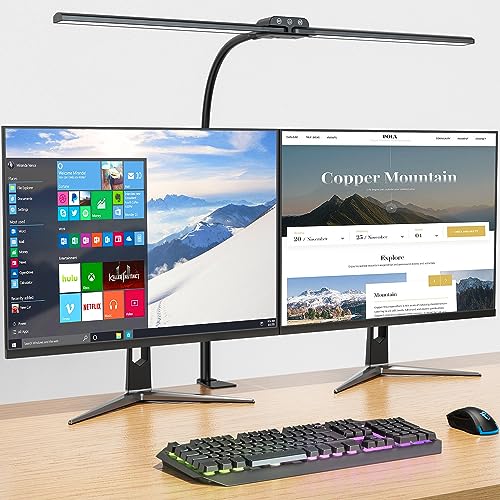 KableRika Doppelkopf Schreibtischlampe LED Dimmbar, helle Schreibtischlampe Klemmbar für Homeoffice, Augenschutz schwanenhals lampe mit 4 Farbmodi & Helligkeit, moderne Büro Tischlampe für Monitor von KableRika