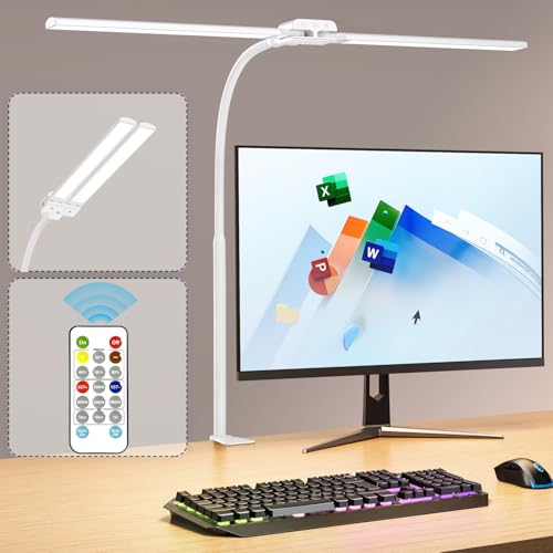 KableRika Schreibtischlampe LED Dimmbar: Doppelkopf Schreibtischleuchte Klemmbar Mit Fernbedienung - Augenschutz büro tischlampe für Homeoffice - tageslichtlampe schreibtisch beleuchtung weiß von KableRika