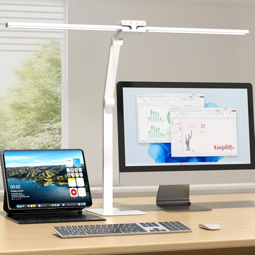 KableRika Schreibtischlampe LED Doppelkopf: 24W Dimmbar Schreibtischleuchte mit Metallbasis - Augenschutz büro tischlampe für Homeoffice - moderne tageslichtlampe beleuchtung für Monitor - Weiß von KableRika