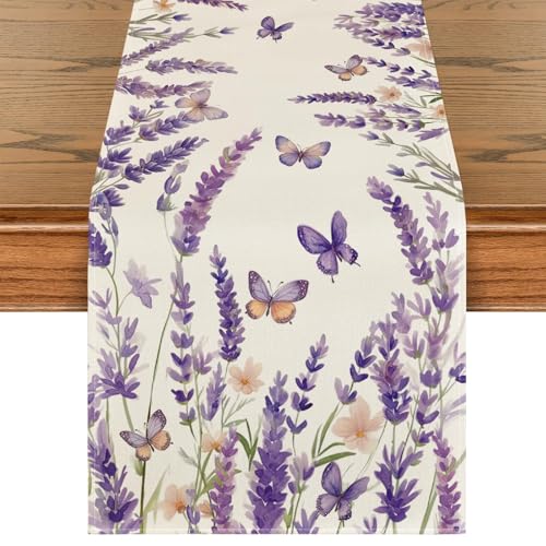 Kabwea 1 Küchentischläufer mit Lila Lavendel und Schmetterlingsmotiv, Frühling, Tischläufer Frühling, Frühlingsdeko Innen (183*33 cm) von Kabwea