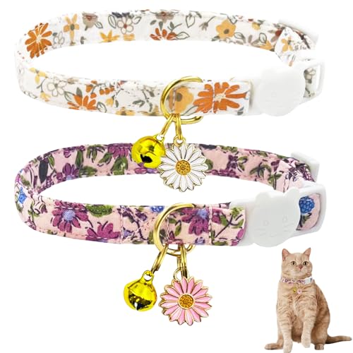 Kabwea 2 Stück Katzenhalsbänder Set aus Baumwolle mit Glocken und Blumenanhänger, Süße Katzenhalsbänder für Mädchen, Katzenhalsband, Halsband Katze, Katzenhalsband mit Glocke von Kabwea