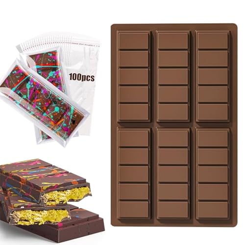 Kabwea Schokoladenform Silikon mit 100 Pcs 8cm x 20cm Transparenten Verpackungsbeuteln, Schokoladenform Silikon, Schokoladenform, Silikonform Schokolade, Dubai Schokolade von Kabwea