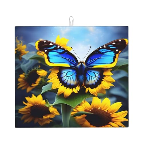 Abtropfmatte für Kaffeemaschine, Motiv: Sonnenblumen-Motiv, Blau, Schmetterling-Design, 40,6 x 45,7 cm von KadUe