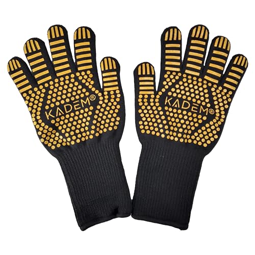 Unisex Aramid Backofenhandschuhe Grillhandschuhe Hitzebeständig bis 800 °C | Ofenhandschuhe Kochhandschuhe | feuerfest rutschfest | Gold L/XL von Kadem