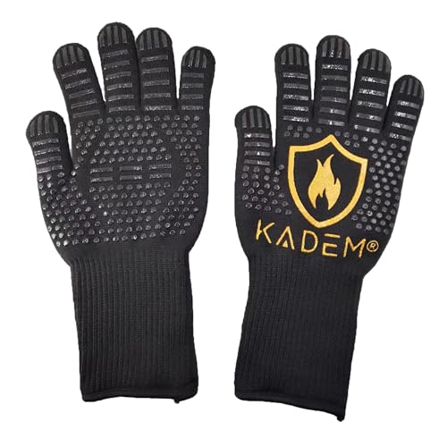 Unisex Aramid Backofenhandschuhe Grillhandschuhe Hitzebeständig bis 800 °C | Ofenhandschuhe Kochhandschuhe | feuerfest rutschfest | Goldflamme S/M von Kadem