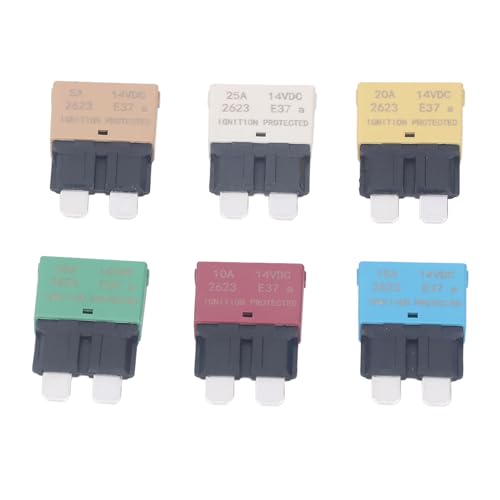 Flachsicherung mit Automatischer Rückstellung, 6-teiliges Sicherungssortiment-Set E37 ATM Mini-Leistungsschalterschutz 5 A 10 A 15 A 20 A 25 A 30 A 14 V DC Flachsicherung mit Automatischer Rückstellung, 6-teiliges Sicherungssortiment-Set E37 ATM Mini-Leistungsschalterschutz 5 A 10 A 15 A 20 A 25 A 30 A 14 V DC von Kadimendium