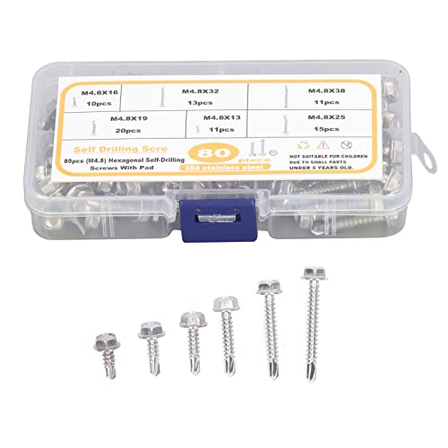 Kadimendium 80 St¨¹ck 6 Gr??en Sechskant-Unterlegscheibenkopf-Bohrschrauben-Set M4.8 Edelstahl-Blechschrauben-Kit mit Aufbewahrungsbox Hardware für die Befestigung von Kadimendium