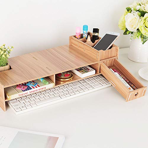 Kadimendium Monitor Laptopständer Computerbildschirm Unterstützung Moderner Schreibtisch Rack Regal Desktop Organizer Ständer Holz Desktop Ständer für Laptop Computerbildschirm von Kadimendium